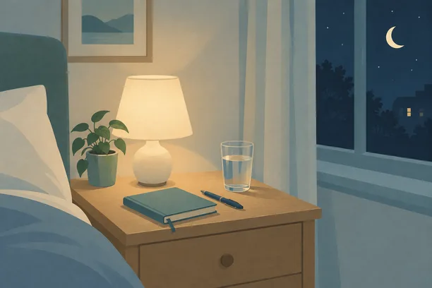 Mesilla de noche con una libreta, un bolígrafo y un vaso de agua
